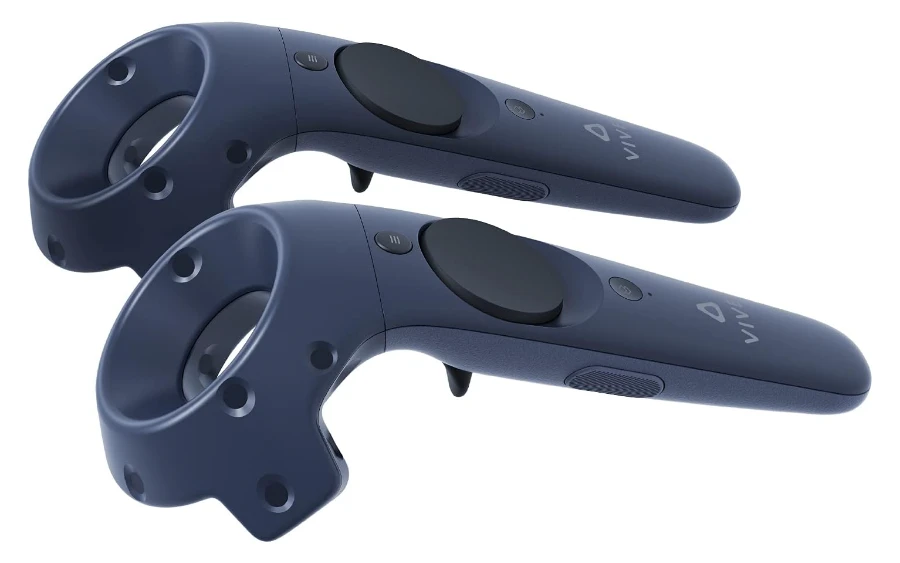 htc vive controller De twee blauwe HTC Vive-controllers met ronde trackingring, touchpad en trigger