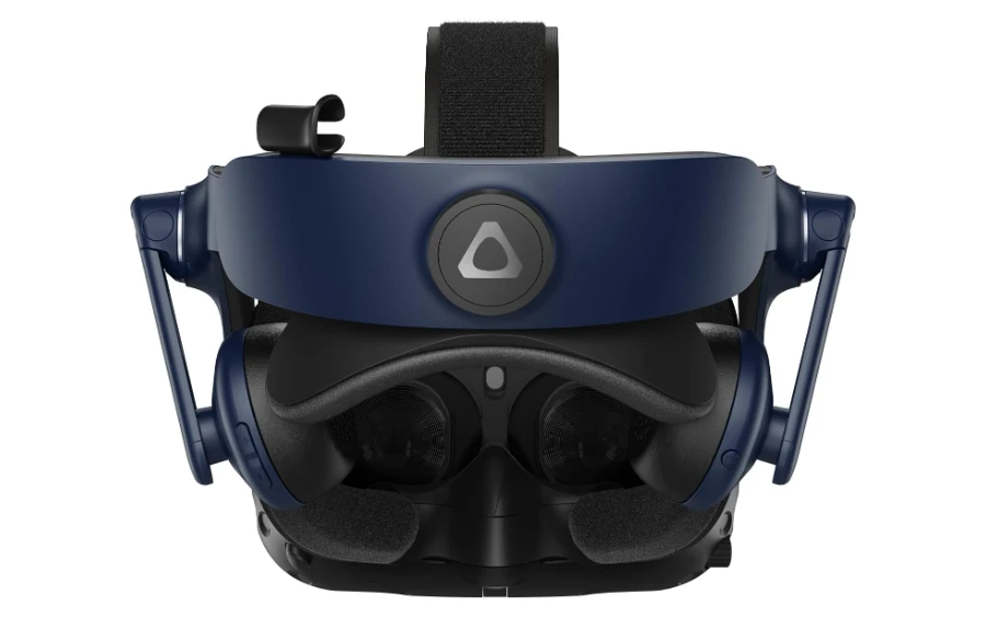 htc vive 2 HTC Vive Pro 2 van de gezichtszijde: de twee lenzen achter het zwarte gezichtskussen en de blauwe verstelbare hoofdband...