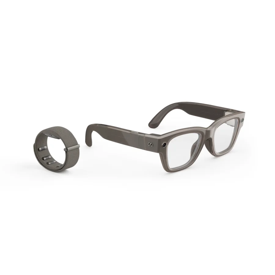 Meta Ray-Ban Display recht van voren, naast de grijze Neural Band