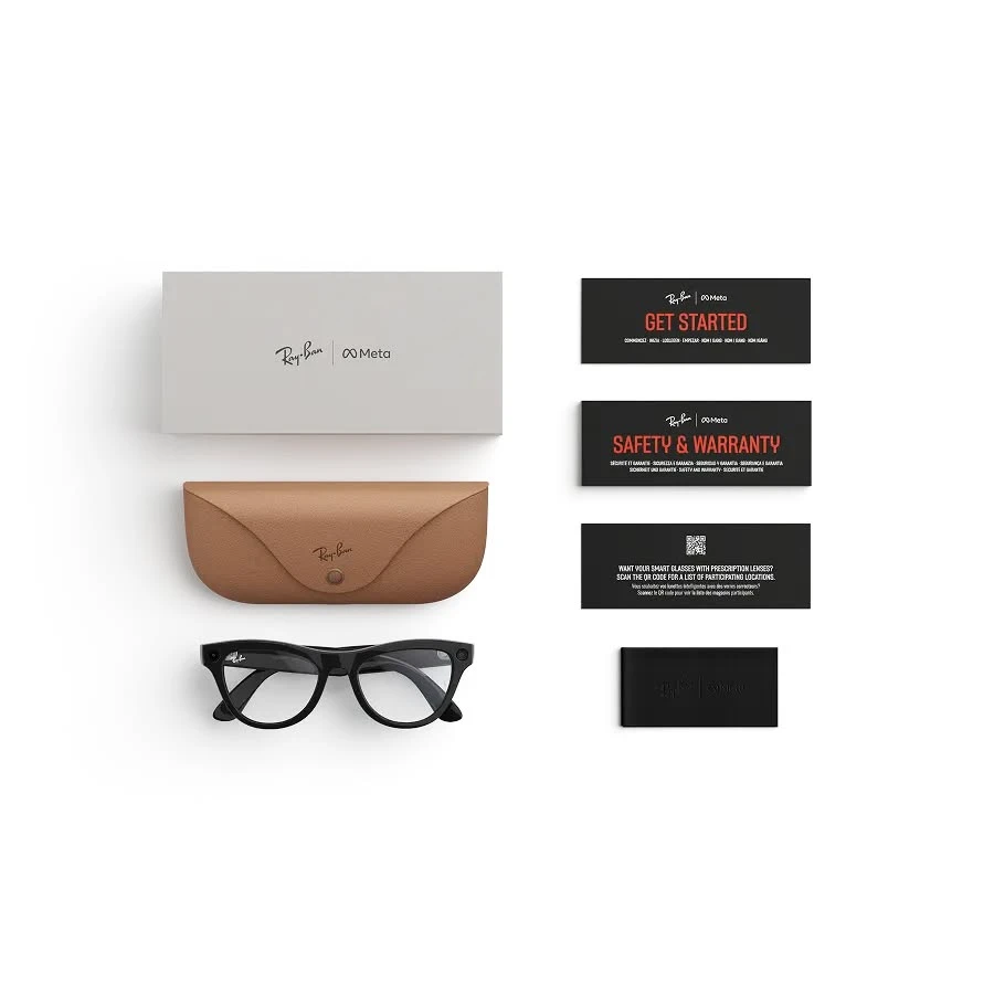 skyler meta Ray-Ban Meta Skyler in Shiny Black met Clear-glazen, met etui, oplaadkabel en documentatie uit de verpakking